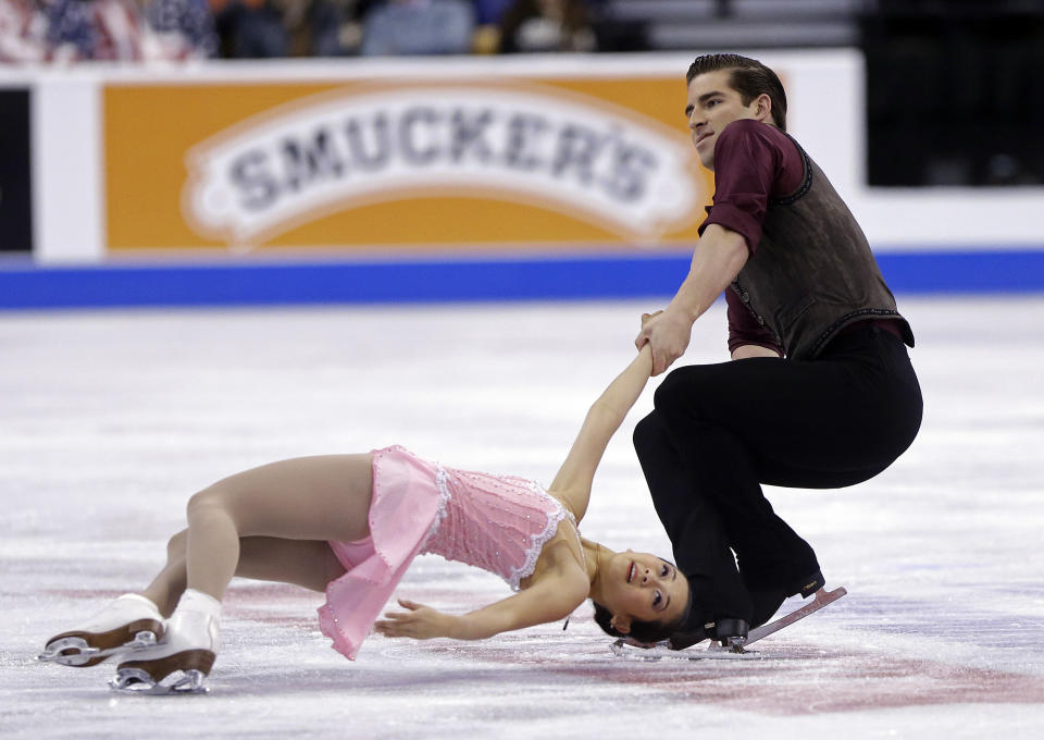 Felicia Zhang and Nathan Bartholomay skate during the pairs short program at the U.S. Figure Skating Championships Thursday, 9, 2014 in Boston. (AP Photo/Steven Senne)