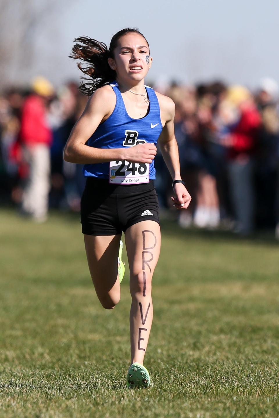 Bishop Chatard Lily Cridge (248) with a commanding lead coming into the finish at the 2022-23 Girls Cross Country State Tournament  Oct 29, 2022; Terre Haute, IN, USA;  at LaVern Gibson Championship Cross Country Course, Wabash Valley Sports Center.