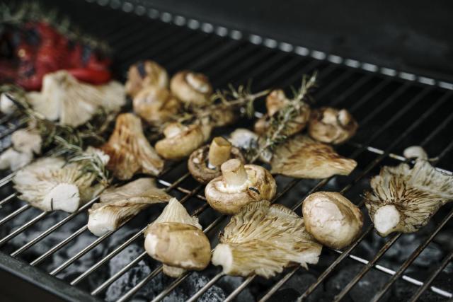 mushrooms and veggies roasted on barbecue grill