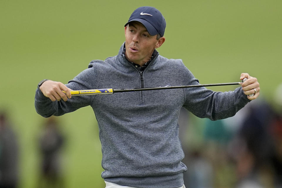 Rory McIlroy, of Northern Ireland, reacts after missing a putt on the 18th hole during the third round of the PGA Championship golf tournament at Southern Hills Country Club, Saturday, May 21, 2022, in Tulsa, Okla. (AP Photo/Sue Ogrocki)