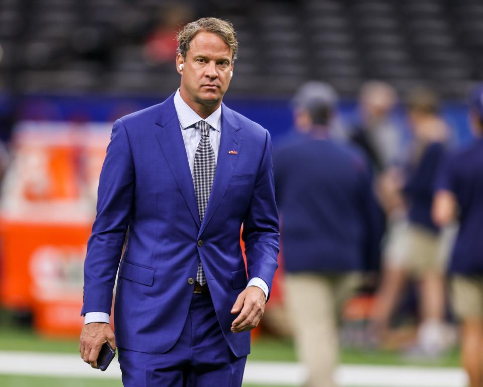 Jan 1, 2022; New Orleans, LA, USA;  Mississippi Rebels head coach Lane Kiffin walks back into the locker room before the 2022 Sugar Bowl against the Baylor Bears at Caesars Superdome. Mandatory Credit: Stephen Lew-USA TODAY Sports