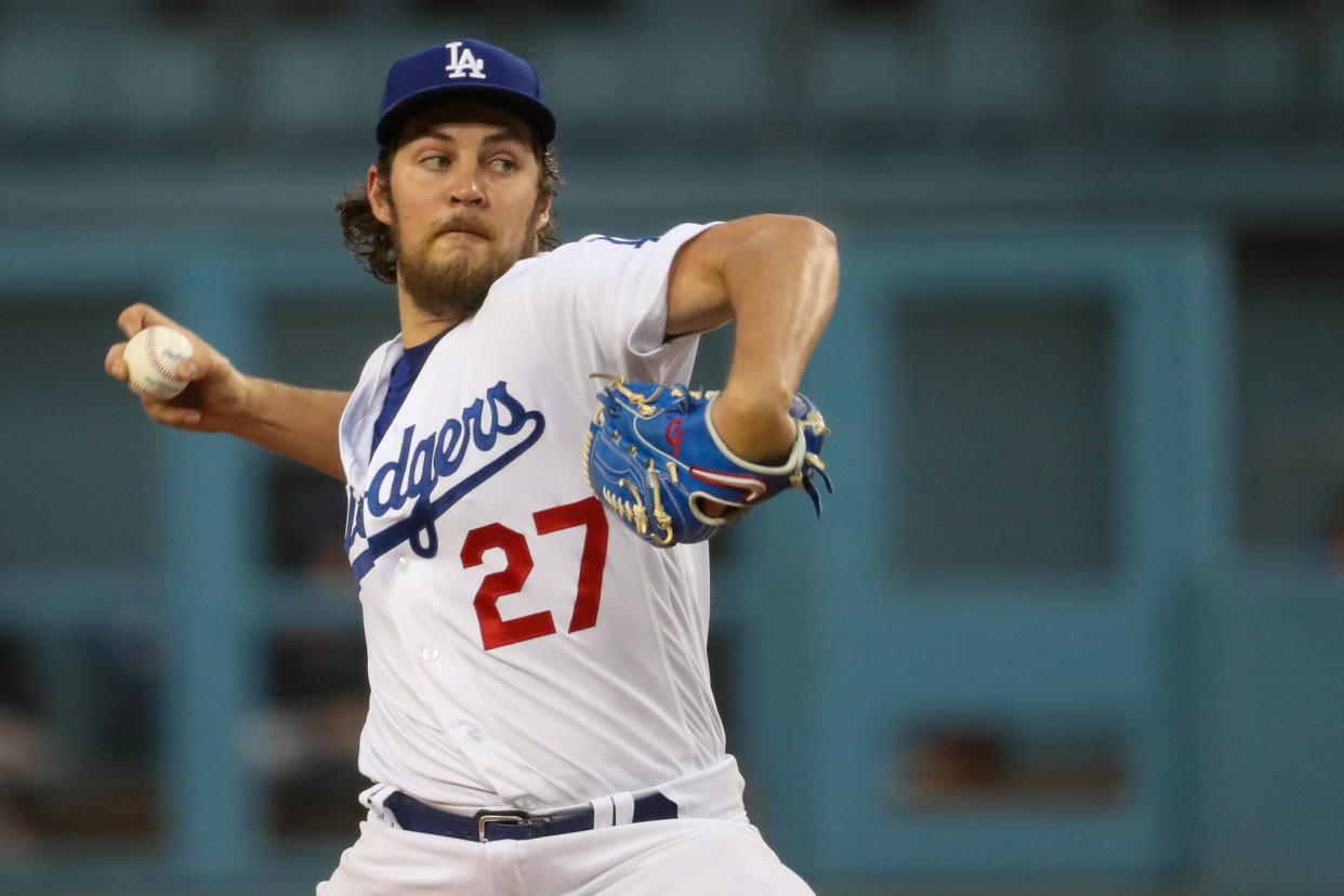 LOS ANGELES, CA - JUNE 28: Los Angeles Dodgers Starting pitcher Trevor Bauer (27) pitches during the MLB game between the San Francisco Giants and the Los Angeles Dodgers on June 28, 2021, at Dodger Stadium in Los Angeles, CA.  (Photo by Kiyoshi Mio/Icon Sportswire via Getty Images)