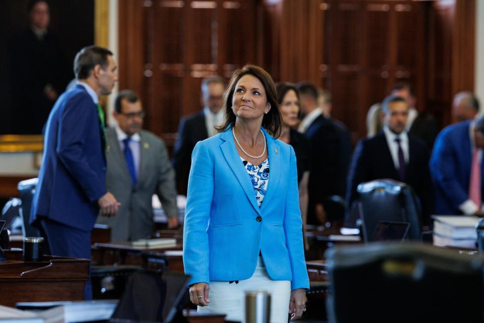 State Sen, Angela Paxton, R-McKinney, wife of defendant Ken Paxton, walks into the Senate Chamber on the fourth day of Paxton’s impeachment trial in the Senate Chamber at the Texas Capitol on Friday, Sept. 8, 2023, in Austin, Texas.