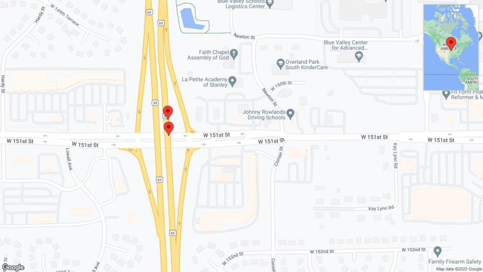 A detailed map that shows the affected road due to 'Lane on US-69 closed in Overland Park' on December 15th at 12:46 p.m.