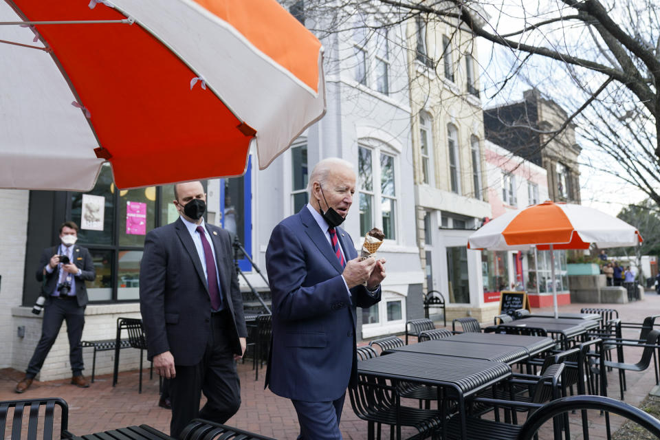 President Joe Biden leaves after getting ice cream at Jeni's Splendid Ice Creams, Tuesday, Jan. 25, 2022, in Washington. (AP Photo/Andrew Harnik)