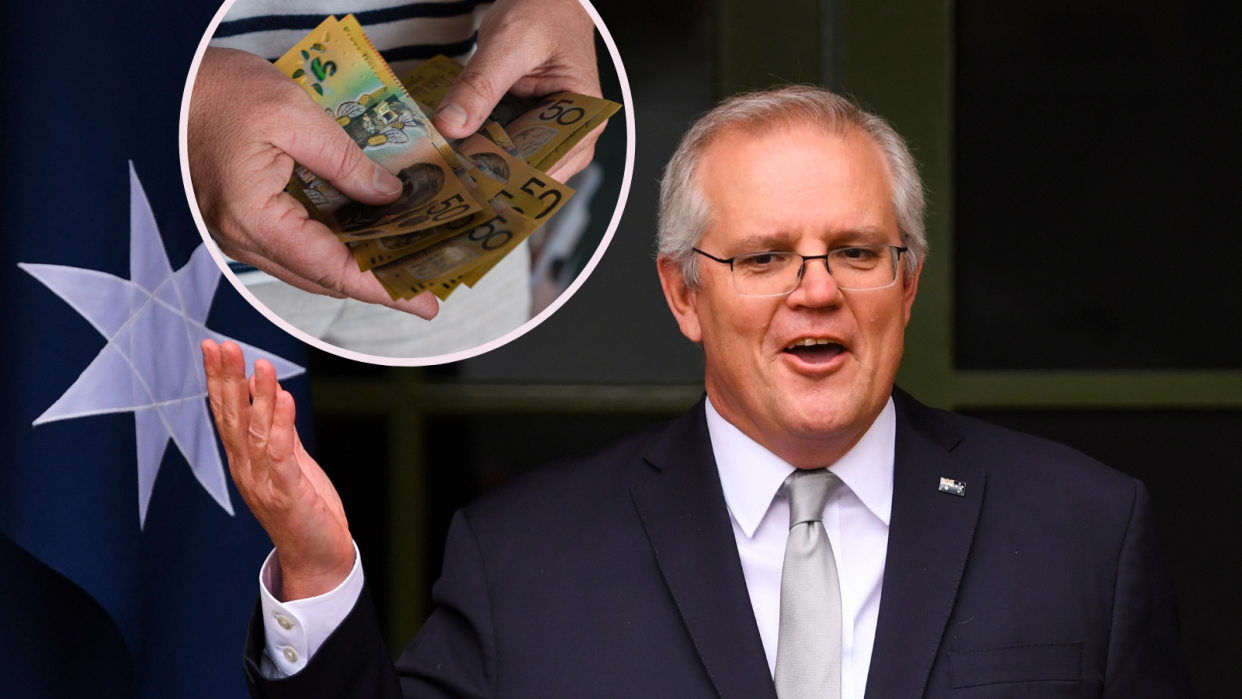 Prime Minister Scott Morrison gesturing; image of cash in hands