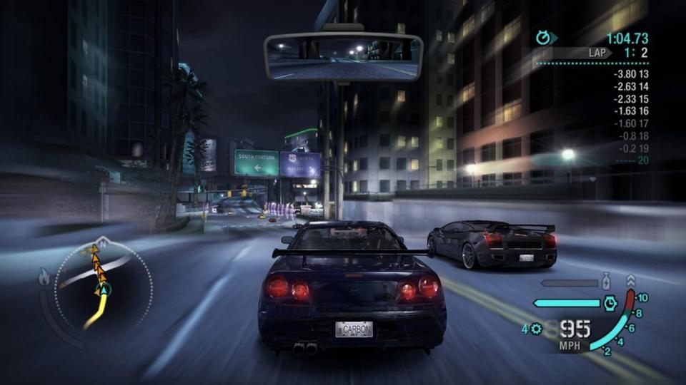 Nur nachtaktiv waren Fahrer bei "Need for Speed: Carbon" (2006), was für einen besonderen Look sorgte. Durch Siege eroberte man die Stadt. Das Leistungs-Tuning ging derart ins Detail, sodass maßgeschneiderte Anpassungen passend zur aktuellen Rennanforderung strategische Vorteile brachten. Neu: Spieler konnten Crewmitglieder gegen die Gegner einsetzen. (Bild: EA)