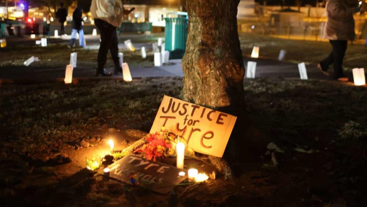 MEMPHIS, TENNESSEE - JANUARY 26: People attend a candlelight vigil in memory of Tyre Nichols at the Tobey Skate Park on January 26, 2023 in Memphis, Tennessee. 29-year-old Tyre Nichols died from his injuries three days after being severely beaten by five Memphis police officers on January 7. The officers have since been fired with criminal charges against the officers announced today. The video of the police encounter is expected to be released on Friday.   Scott Olson/Getty Images/AFP (Photo by SCOTT OLSON / GETTY IMAGES NORTH AMERICA / Getty Images via AFP)