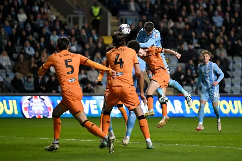 Bobby Thomas scores Coventry City's second goal against Hull City at the CBS Arena.