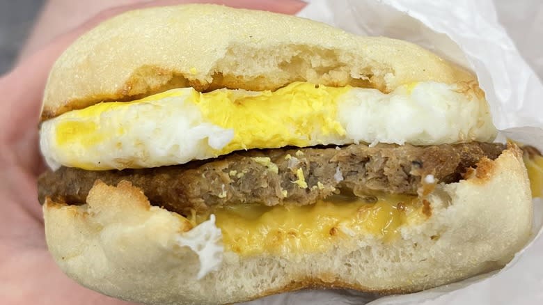 sausage egg and cheese Dunkin' sandwich