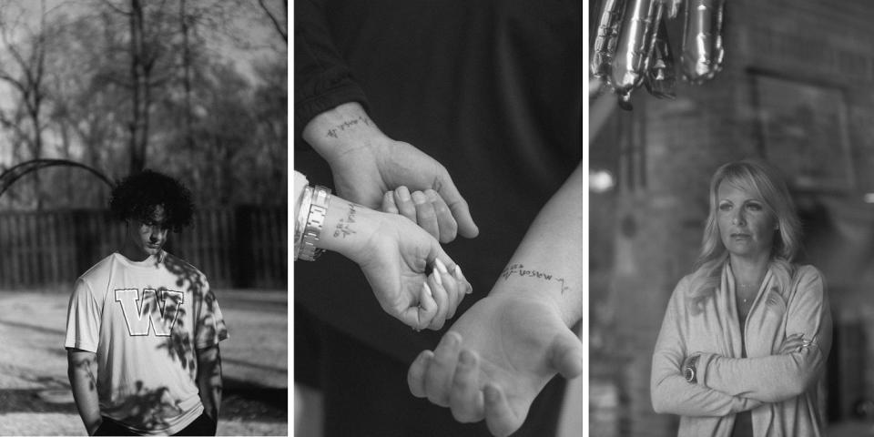 A triptych showing Mason'sstep-brother Anthony, tattoos, Jennie DeSerio (Micah McCoy for NBC News)