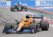 Mclaren driver Lando Norris of Britain steers his car during the Russian Formula One Grand Prix at the Sochi Autodrom circuit, in Sochi, Russia, Sunday, Sept. 26, 2021. (AP Photo/Sergei Grits)