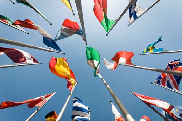 Flags from multiple nations waving overhead