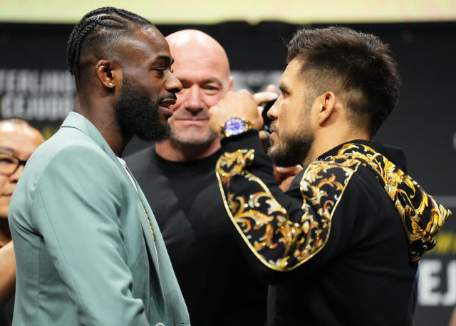 NEWARK, NEW JERSEY - MAY 04: (L-R) Opponents Aljamain Sterling and Henry Cejudo face off during the UFC 288 press conference at Prudential Center on May 04, 2023 in Newark, New Jersey. (Photo by Chris Unger/Zuffa LLC via Getty Images)