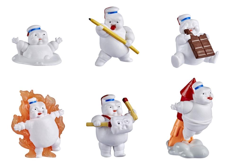 Six different miniature Stay Puft Marshmallow Man toys fromn Hasbro