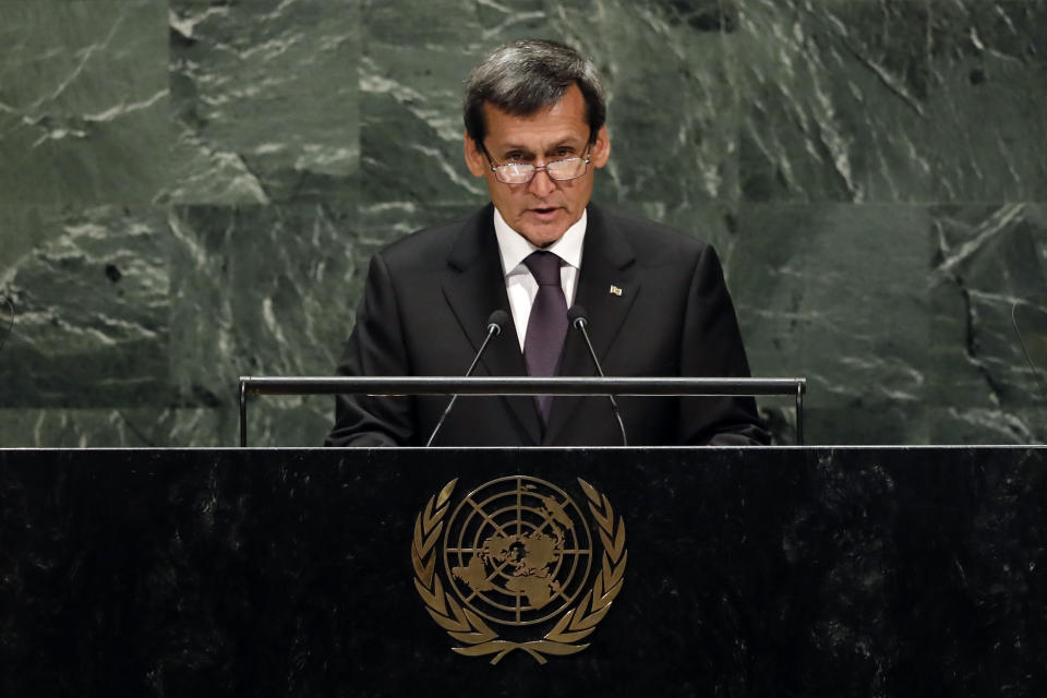 Rashid Meredov, foreign minister of Turkmenistan, addresses the 74th session of the United Nations General Assembly, Saturday, Sept. 28, 2019. (AP Photo/Richard Drew)