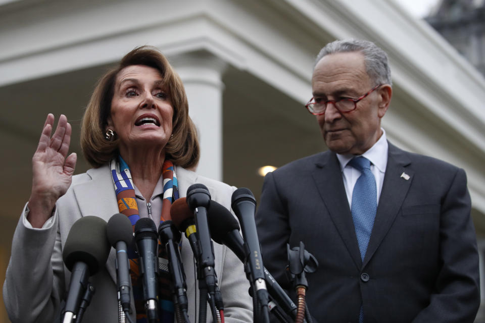 House Democratic leader Nancy Pelosi and Senate Minority Leader Chuck Schumer speak to the media after meeting at the White House with President Trump on border security on Jan. 2. (Photo: Jacquelyn Martin/AP)