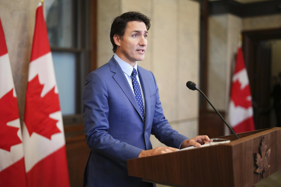 Canadian Prime Minister Justin Trudeau apologizes for the events surrounding Ukraine President Volodomyr Zelenskyy's visit at a media availability in Ottawa, Ontario, on Wednesday, Sept. 27, 2023. Trudeau apologized Wednesday for Parliament’s recognition of Yaroslav Hunka, who fought alongside the Nazis during last week’s address by Zelenskyy. (Sean Kilpatrick/The Canadian Press via AP)