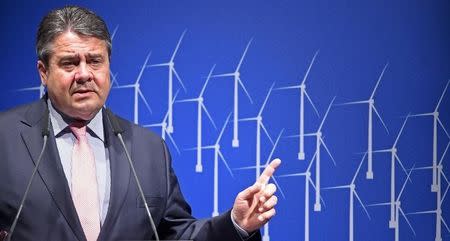 Sigmar Gabriel, German Minister for Economic Affairs, delivers his speech during the opening ceremony in Hamburg of the Dan Tysk offshore wind farm, located 70 km (43.5 miles) west of the German island of Sylt in the North Sea, April 30, 2015. REUTERS/Fabian Bimmer - RTX1AYJR