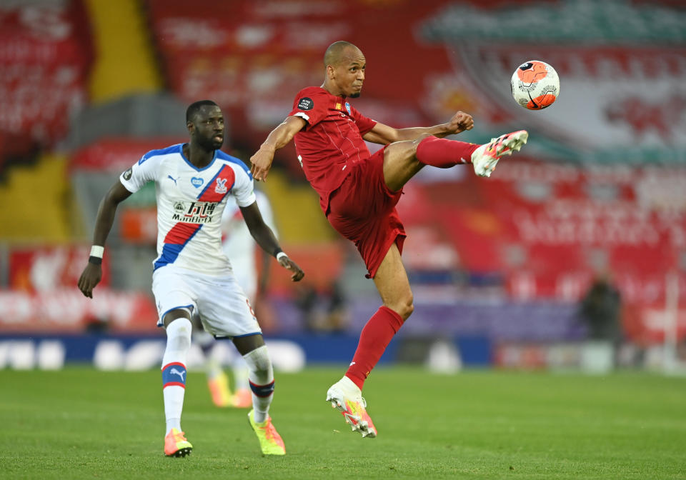 Liverpool's Fabinho (right) in action with Crystal Palace's Cheikhou Kouyate.