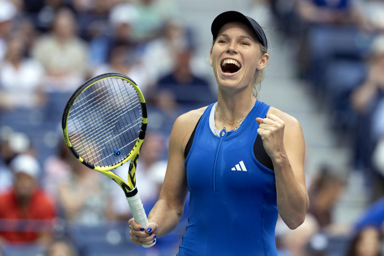 NEW YORK, USA:  September 1:   Caroline Wozniacki of Denmark celebrates her victory against Jennifer Brady of the United States in the Women's Singles round three match on Arthur Ashe Stadium during the US Open Tennis Championship 2023 at the USTA National Tennis Centre on September 1st, 2023 in Flushing, Queens, New York City.  (Photo by Tim Clayton/Corbis via Getty Images)