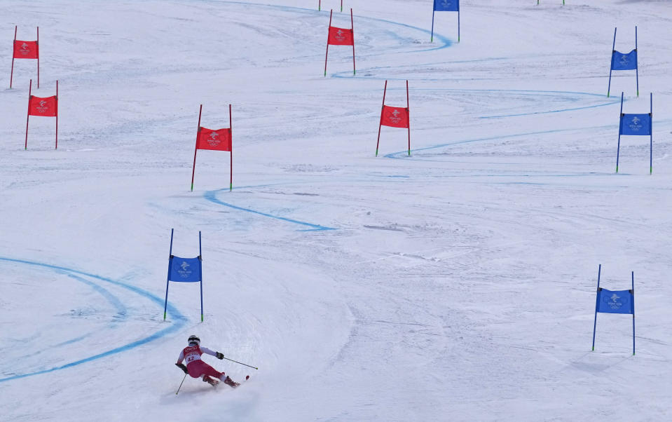 Zuzanna Czapska of Poland makes a turn during the second run of the women's giant slalom at the 2022 Winter Olympics, Monday, Feb. 7, 2022, in the Yanqing district of Beijing. (AP Photo/Robert F. Bukaty)