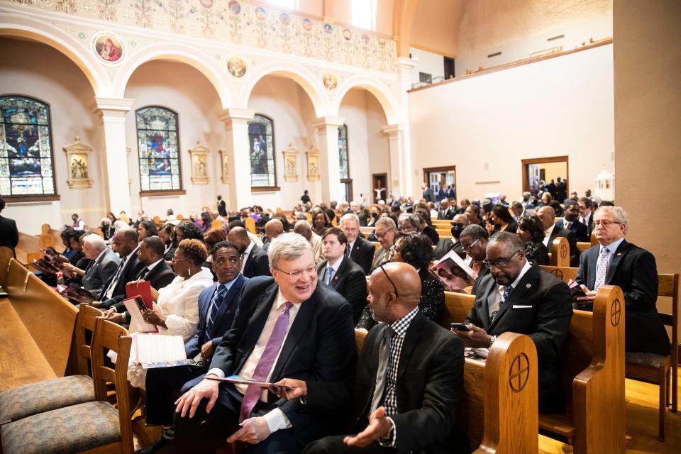 Mayor Strickland talks with Chairman Martavius Jones at the funeral of State Representative Barbara Cooper at Cathedral of Immaculate Conception on Nov. 4, 2022 in Memphis.