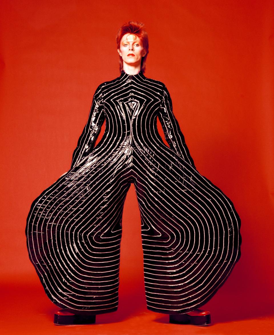 David Bowie wears the 'Tokyo Pop'  bodysuit designed by Kansai Yamamoto for the "Aladdin Sane" tour, 1973.