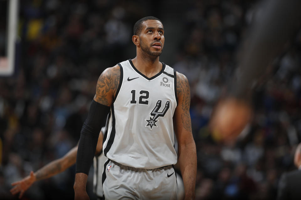 LaMarcus Aldridge won't join the Spurs when the NBA resumes. (AP Photo/David Zalubowski)