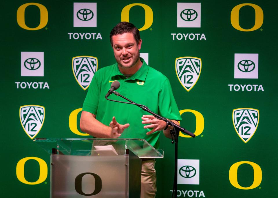 Oregon head coach Dan Lanning speaks at Oregon Football's media day on Wednesday at Autzen Stadium in Eugene.