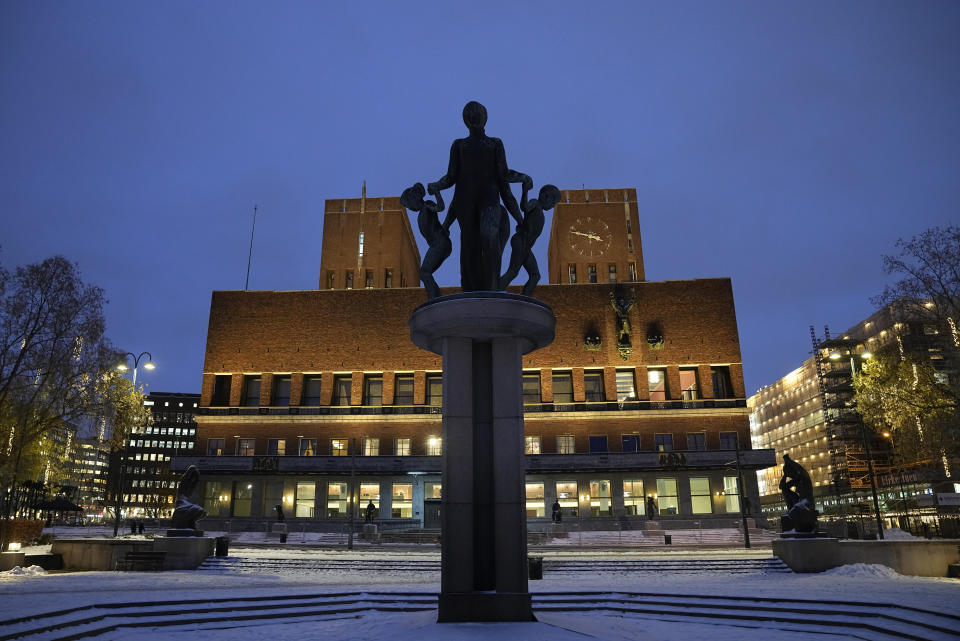 FILE - An exterior view of Oslo City Hall, the venue of the Nobel Peace Prize ceremony in Oslo, Dec. 9, 2021. For reasons that are not entirely clear, Nobel decided that the peace prize should be awarded in Norway and the other prizes in Sweden. Nobel historians suspect Sweden’s history of militarism may have been a factor. (AP Photo/Alexander Zemlianichenko, File)