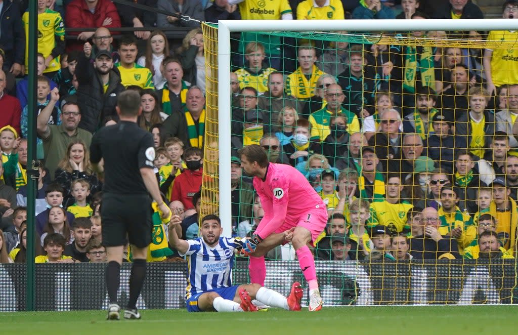 Neal Maupay (centre) appealed for a penalty during Brighton’s match at Norwich (Joe Giddens/PA) (PA Wire)