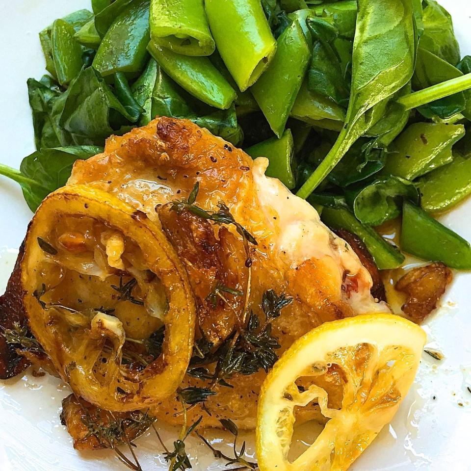 Lemon Garlic Pan-Roasted Chicken Thighs with Spinach and Snap Peas