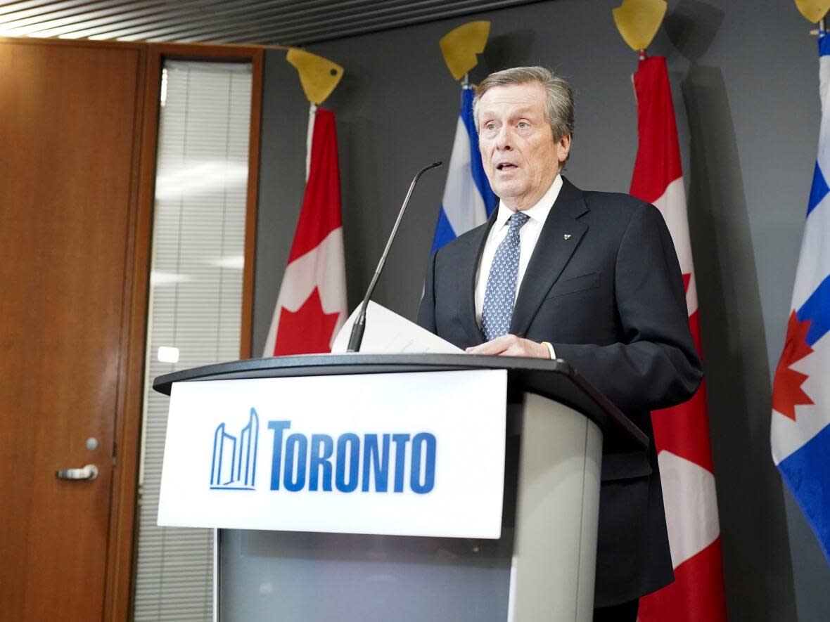 Toronto Mayor John Tory is seen here speaking during a news conference at city hall on Friday, during which he announced he would be stepping down.  (Arlyn McAdorey/The Canadian Press - image credit)