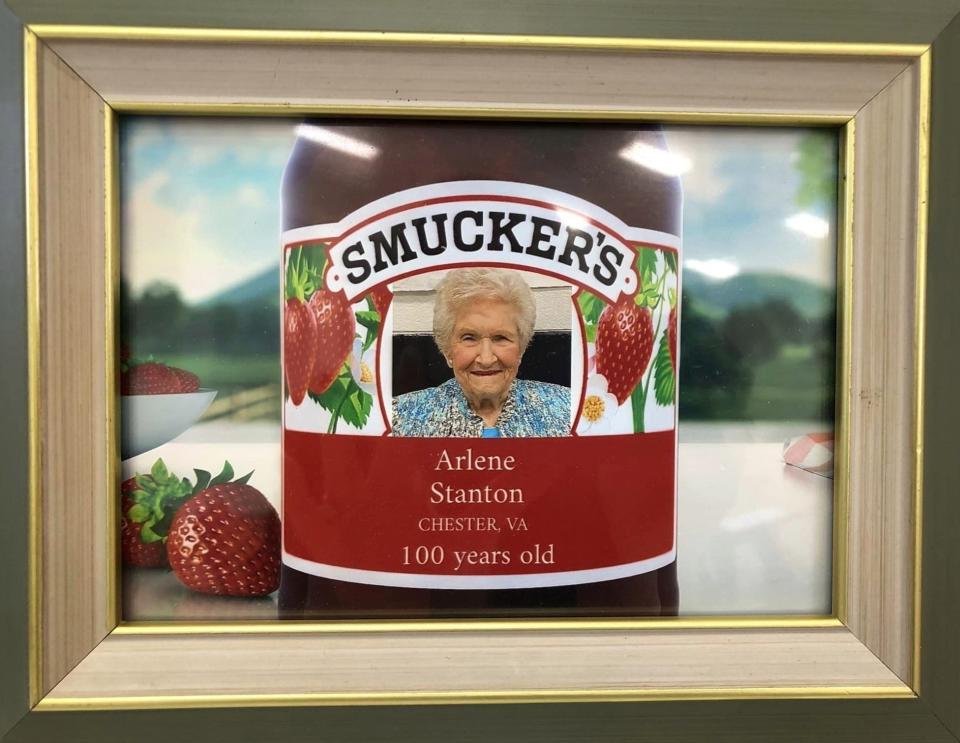 Centenarian Arlene Layne Stanton's image on a Smucker's jar.
