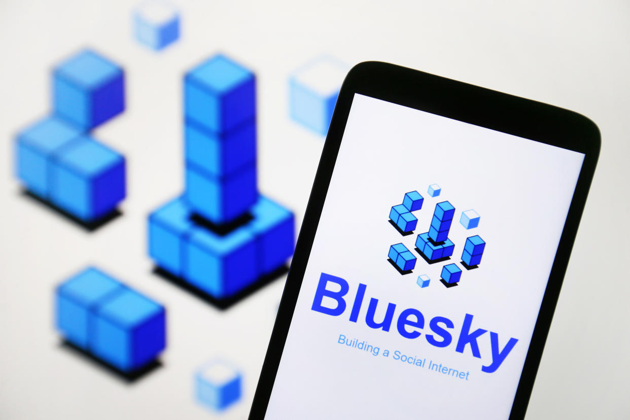 UKRAINE - 2023/04/29: In this photo illustration, Bluesky Social logo of a social network platform is seen on a smartphone screen. (Photo Illustration by Pavlo Gonchar/SOPA Images/LightRocket via Getty Images)