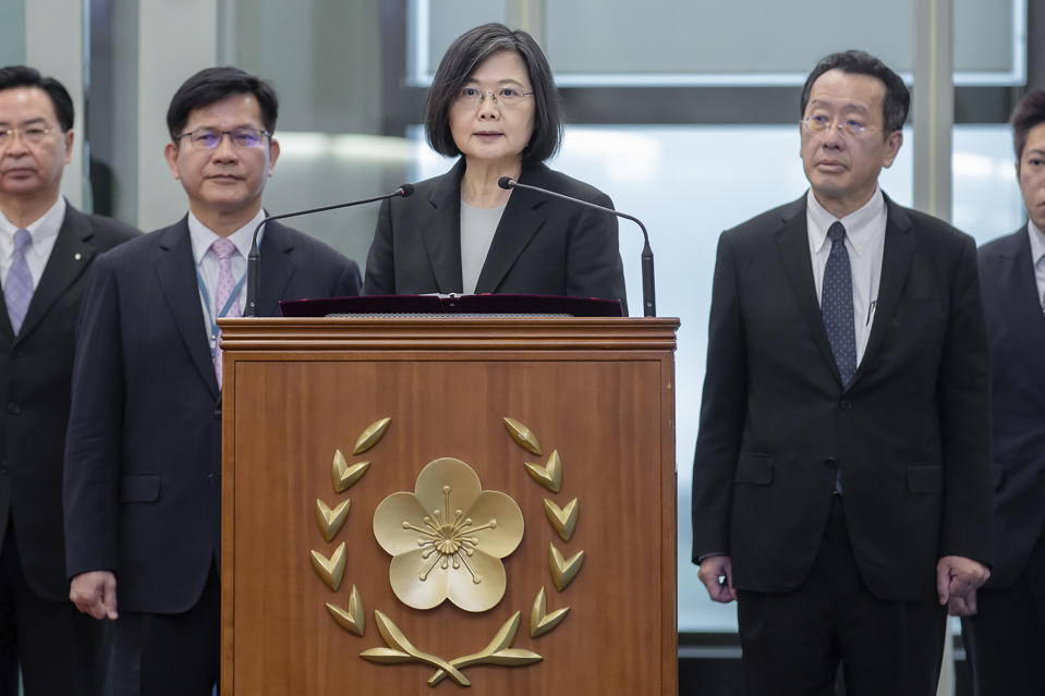In this photo released by the Taiwan Presidential Office, Taiwan's President Tsai Ing-wen speaks before departing on an overseas trip at Taoyuan International Airport in Taipei, Taiwan, Wednesday, March 29, 2023. China has threatened "resolute countermeasures" over a planned meeting between Taiwanese President Tsai and Speaker of the United States House Speaker Kevin McCarthy during an upcoming visit in Los Angeles by the head of the self-governing island democracy. (Taiwan Presidential Office via AP)
