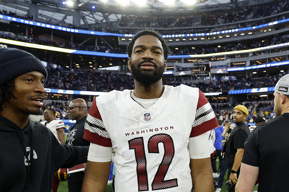 Jacoby Brissett #12 of the Washington Commanders. (Photo by Kevork Djansezian/Getty Images)