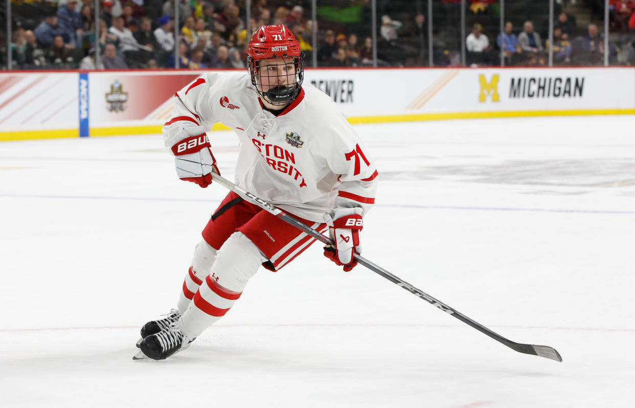 Boston University's Macklin Celebrini was the winner of the 2024 Hobey Baker Award winner as the top men's collegiate hockey player. (Photo by Richard T Gagnon/Getty Images)