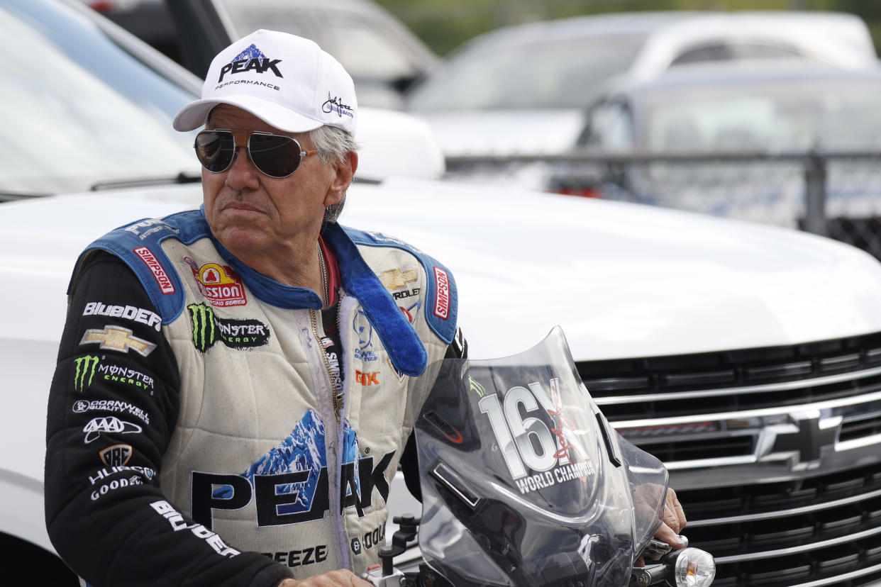 BRISTOL, TN - JUNE 08: John Force, of Yorba Linda, CA, Peak Chevy '23 Camaro SS watches the action from the staging lanes during qualifying for the NHRA SuperGrip Thunder Valley Nationals on June 08, 2024 at Bristol Dragway in Bristol, TN. (Photo by Jeff Robinson/Icon Sportswire via Getty Images)