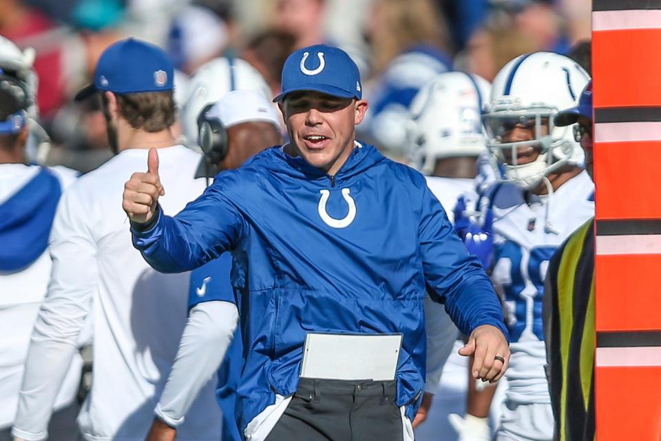Indianapolis Colts special teams coordinator Bubba Ventrone signals a thumbs-ups to his players during a game against the Jacksonville Jaguars on Jan. 9, 2022, in Jacksonville, Fla.