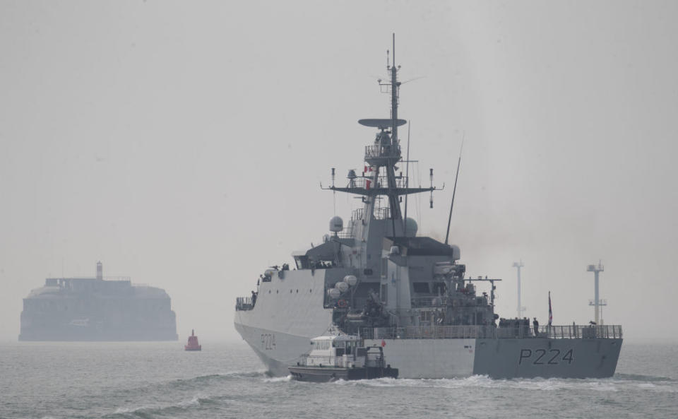 The Royal Navy patrol ship HMS Trent leaves Portsmouth Naval Base, Hampshire, heading for deployment in Gibraltar to join international counter piracy operations off West Africa. 