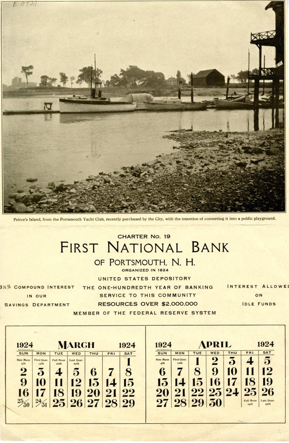 The March-April 1923 First National Bank Centennial Calendar shows Peirce Island and notes Portsmouth intended to convert the island into a playground, possibly including a pool.