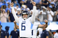 Tennessee Titans place-kicker Nick Folk celebrates after kicking a game-winning field goal during overtime of an NFL football game against the Los Angeles Chargers Sunday, Sept. 17, 2023, in Nashville, Tenn. (AP Photo/John Amis)