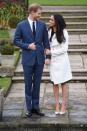 <p>When Meghan and Harry stepped out for the first time as an engaged couple, the bride-to-be wore a <a href="https://www.townandcountrymag.com/society/tradition/a13936308/meghan-markle-engagement-photo-outfit/" rel="nofollow noopener" target="_blank" data-ylk="slk:chic white coat;elm:context_link;itc:0;sec:content-canvas" class="link ">chic white coat</a> from Canadian brand <a class="link " href="http://www.linethelabel.com/" rel="nofollow noopener" target="_blank" data-ylk="slk:Line the Label;elm:context_link;itc:0;sec:content-canvas">Line the Label</a>, paired with <a class="link " href="https://go.redirectingat.com?id=74968X1596630&url=http%3A%2F%2Fwww.neimanmarcus.com%2FAquazzura-Matilde-Crisscross-Suede-105mm-Pump-Nude%2Fprod192700142%2Fp.prod&sref=https%3A%2F%2Fwww.townandcountrymag.com%2Fstyle%2Ffashion-trends%2Fg3272%2Fmeghan-markle-preppy-style%2F" rel="nofollow noopener" target="_blank" data-ylk="slk:Aquazurra Matilde Crisscross beige suede heels;elm:context_link;itc:0;sec:content-canvas">Aquazurra Matilde Crisscross beige suede heels</a>, and, of course, her sparkly new <a href="https://www.townandcountrymag.com/society/tradition/a13090749/meghan-markle-engagement-ring/" rel="nofollow noopener" target="_blank" data-ylk="slk:engagement ring;elm:context_link;itc:0;sec:content-canvas" class="link ">engagement ring</a>. </p>