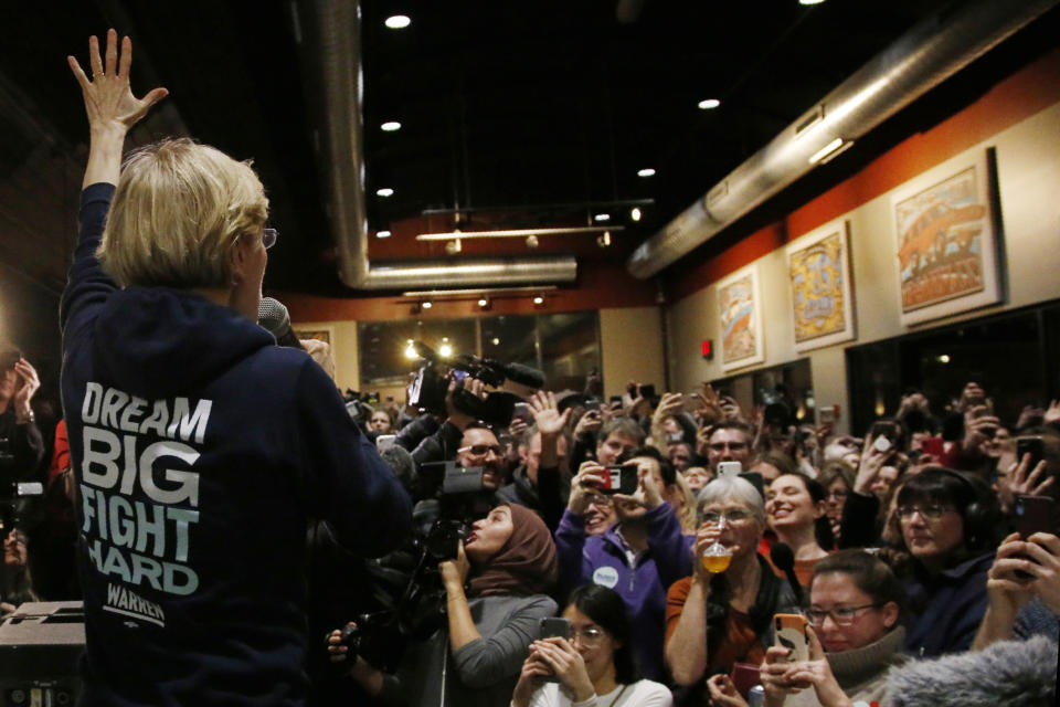 Democratic presidential candidate Sen. Elizabeth Warren, D-Mass., speaks at a campaign stop at Peace Tree Brewing Co., Friday, Jan. 31, 2020, in Des Moines, Iowa. (AP Photo/Sue Ogrocki)