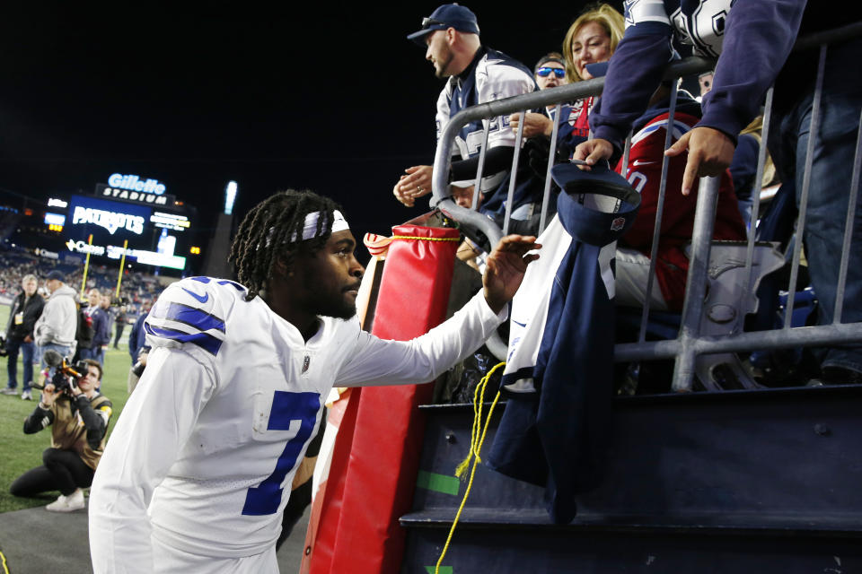 Dallas Cowboys cornerback Trevon Diggs (7) is congratulated by fans after an overtime win against the New England Patriots in an NFL football game, Sunday, Oct. 17, 2021, in Foxborough, Mass. (AP Photo/Michael Dwyer)