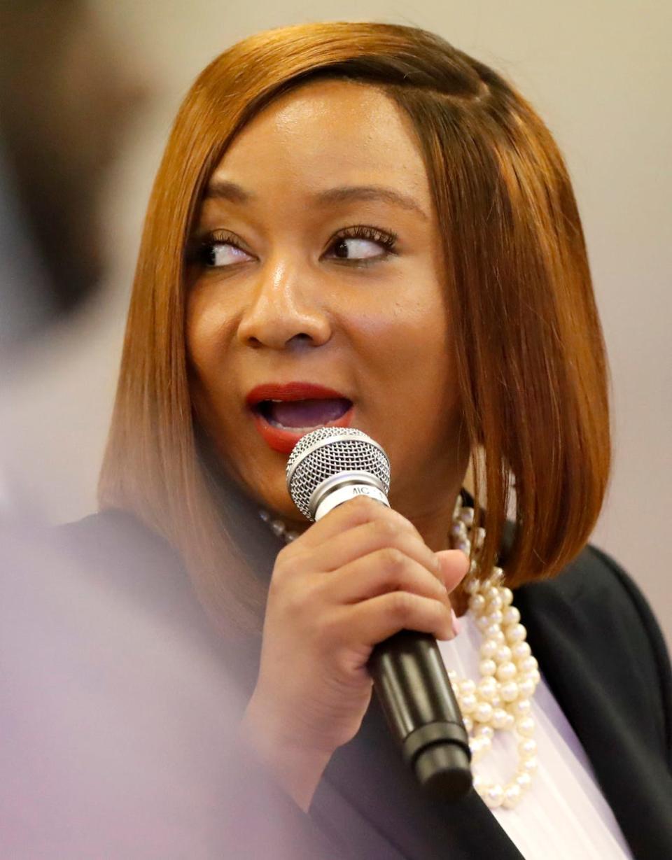 Tutonial "Toni" Williams, Memphis-Shelby County Schools current chief financial officer, speaks after she is selected as interim superintendent by the school board Tuesday, Aug. 30, 2022, in Memphis. The board voted 8-0 to select Williams. 