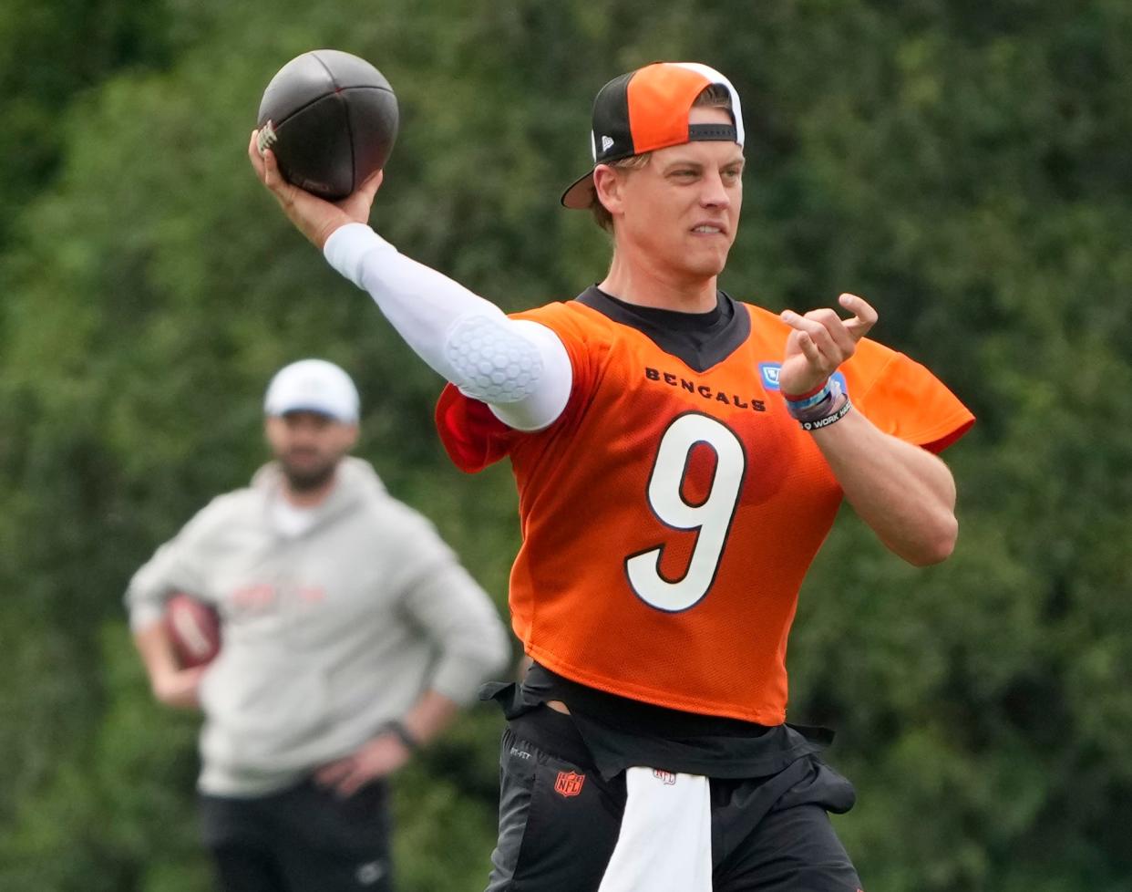 Joe Burrow, here participating in an offseason workout Tuesday, had a good suggestion of a second bye to help players' health should the NFL go to an 18-game schedule. It's a good idea, but Commissioner Roger Goodell would never agree to a weekend without the NFL, Jason Williams writes.