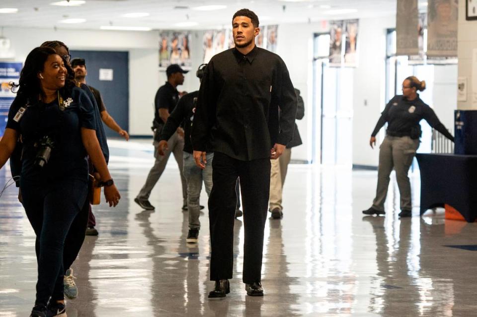 NBA star Devin Booker arrives at Moss Point High School for the retirement of Booker’s high school jersey in Moss Point on Saturday, Dec. 10, 2022.